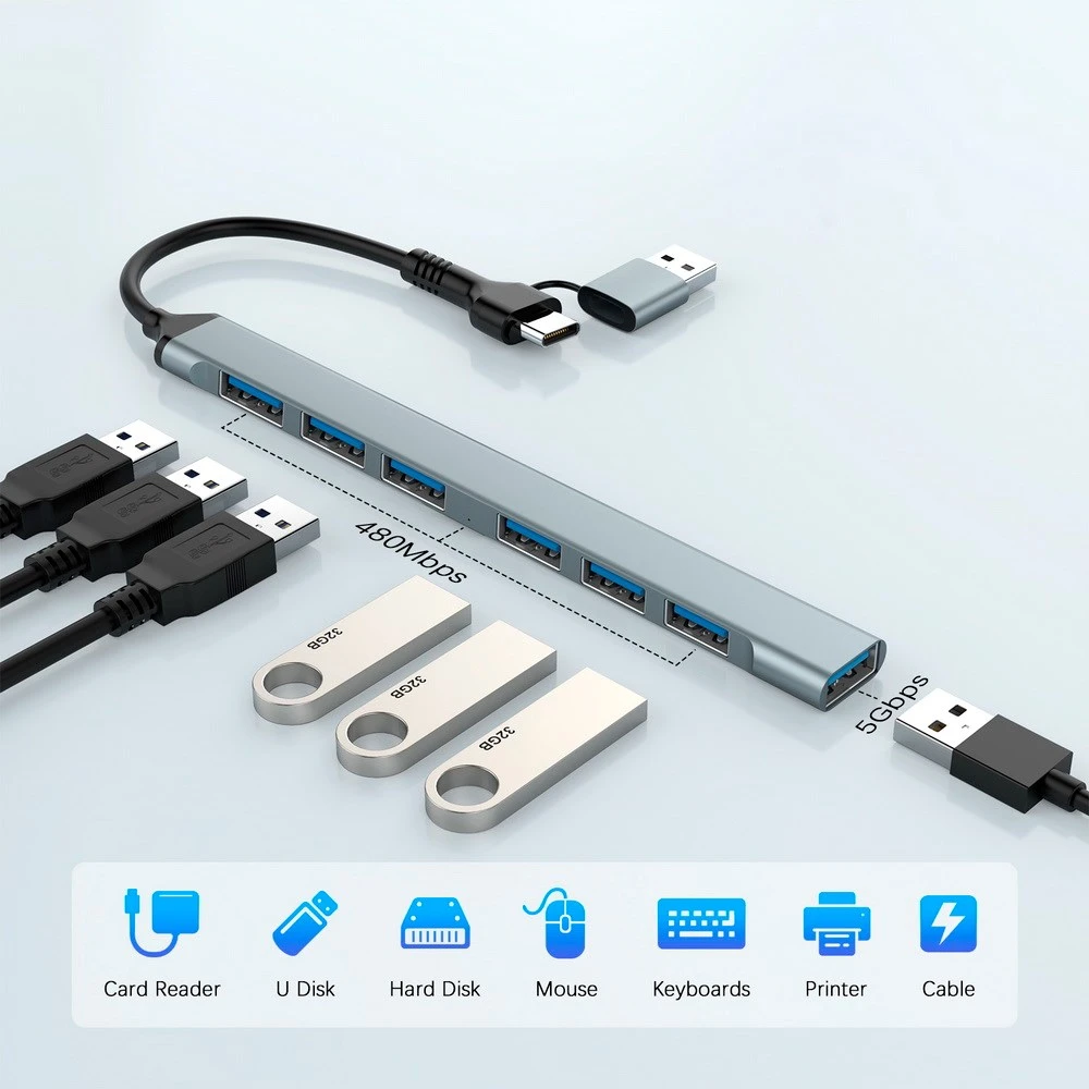 Gembird UHB-ACM-U3P1U2P6-01, 7 portų USB šakotuvas (1x USB 3.2 + 6x USB 2.0), USB-A + USB-C, sidabrinis