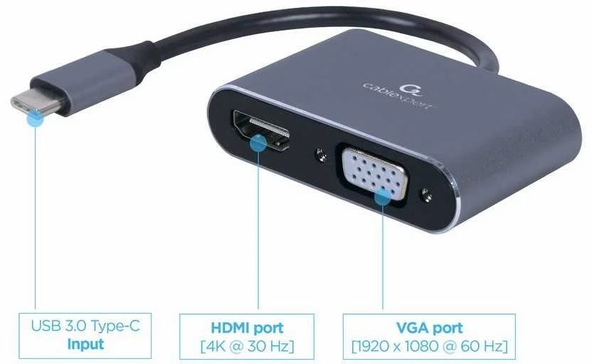 Gembird Cableexpert | C tipo USB prie HDMI ir VGA ekrano adapteris | A-USB3C-HDMIVGA-01 | C tipo USB