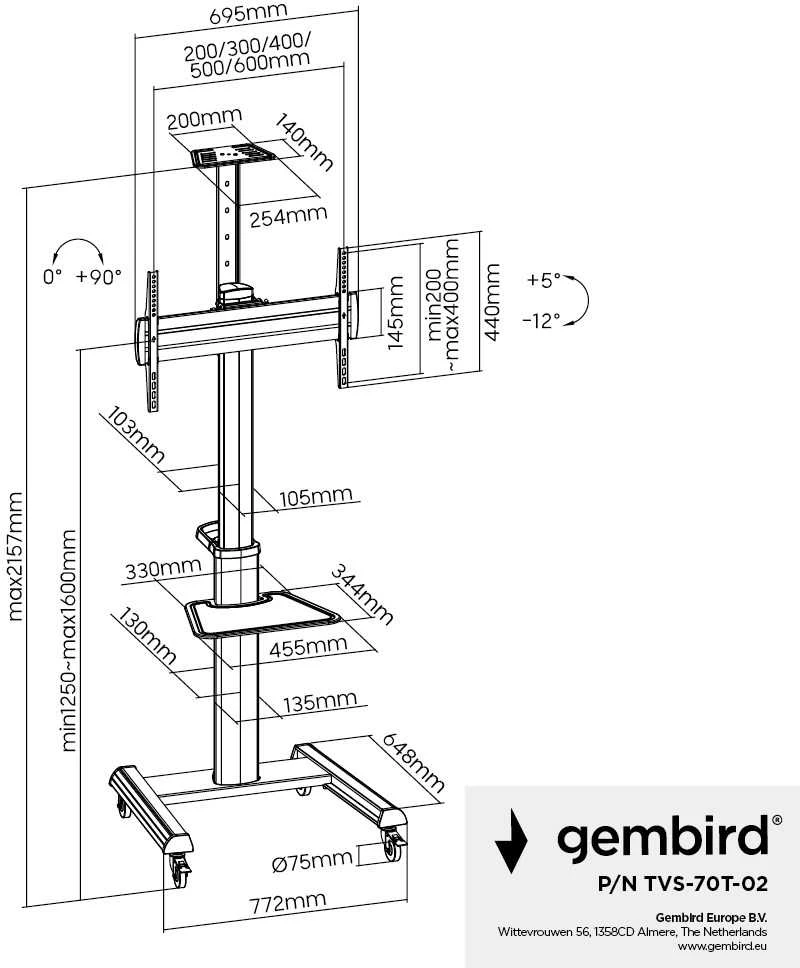 Laikiklis Gembird Aliuminio televizoriaus grindų stovas su ratukais, 37" - 70", juodas | Gembird