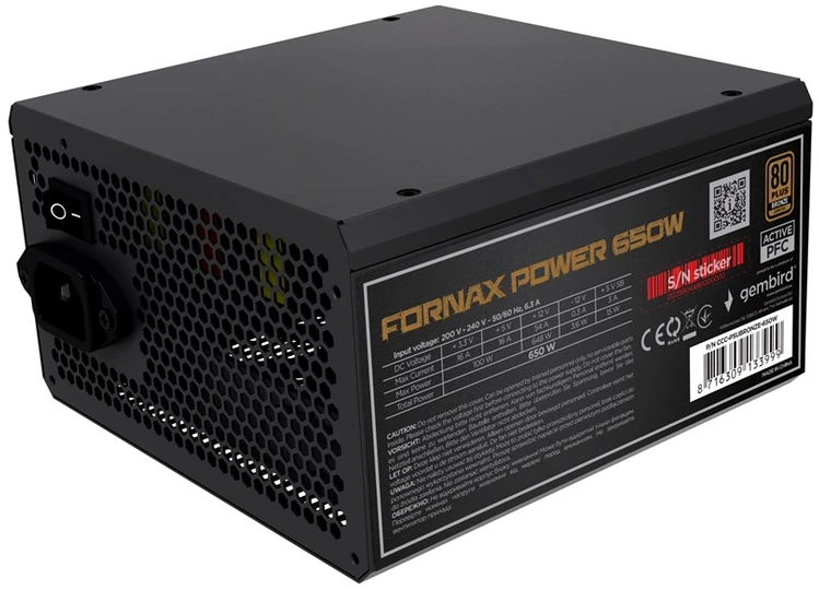 „Gembird CCC-PSUBRONZE-650W“ maitinimo blokas „Fornax Power 650W“ aktyvus PFC 12 cm ventiliatorius 80+bronzos spalvos dėžutėje