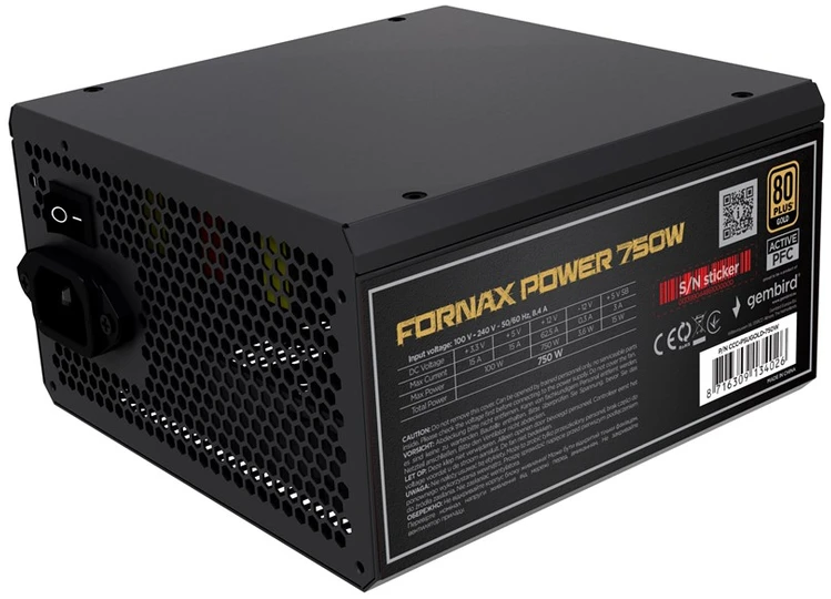 „Gembird CCC-PSUBRONZE-750W“ maitinimo blokas „Fornax Power 750W“ aktyvus PFC 12 cm ventiliatorius 80+bronzos spalvos dėžutėje