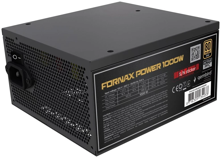 „Gembird CCC-PSUGOLD-1000W“ maitinimo blokas „Fornax Power 1000W“ aktyvus PFC 12 cm ventiliatorius 80+ aukso