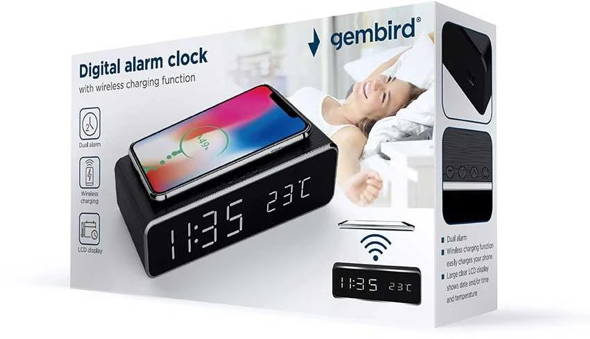 GEMBIRD DAC-WPC-01 skaitmeninis žadintuvas su belaidžio įkrovimo funkcija, juodas