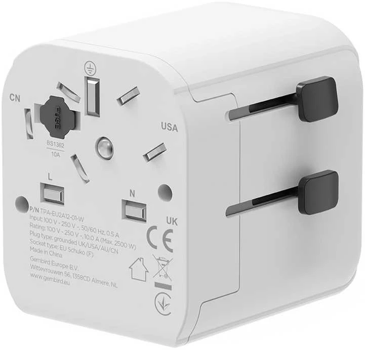 „Gembird“ ES–universalus kelioninis maitinimo adapteris, 12 W | TPA-EU2A12-01-W | 5 V