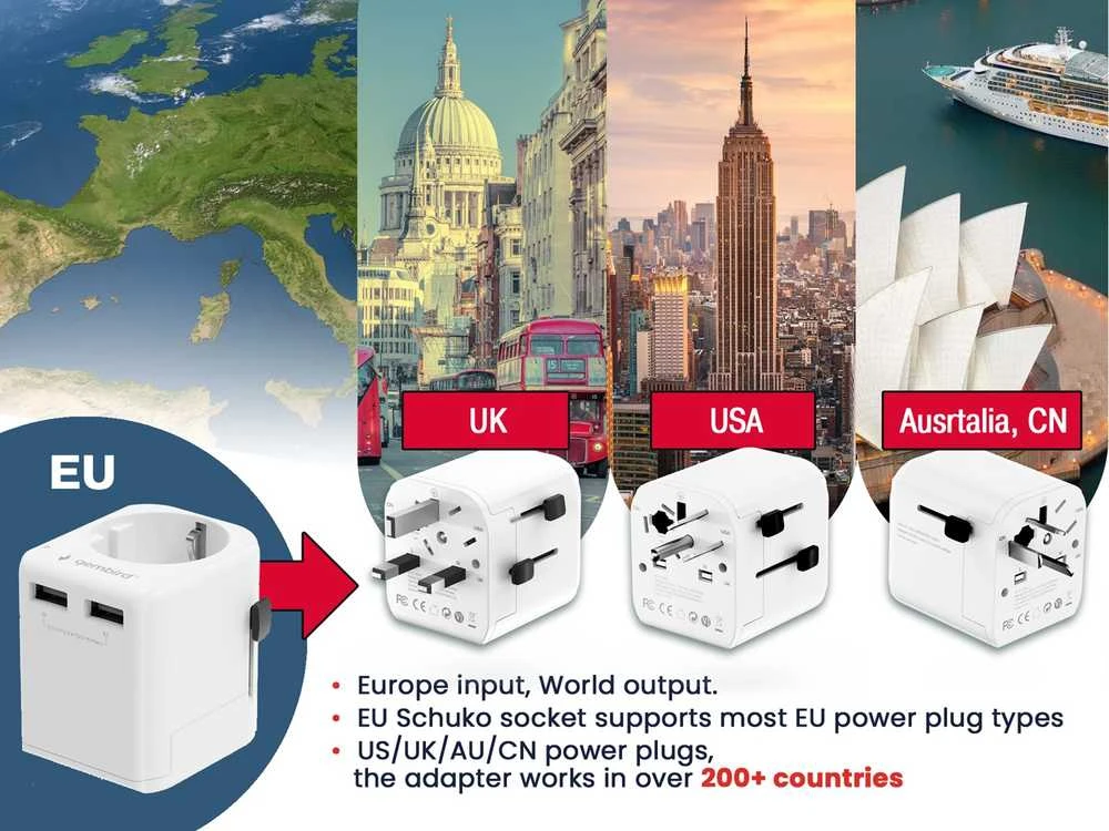 „Gembird“ ES–universalus kelioninis maitinimo adapteris, 12 W | TPA-EU2A12-01-W | 5 V