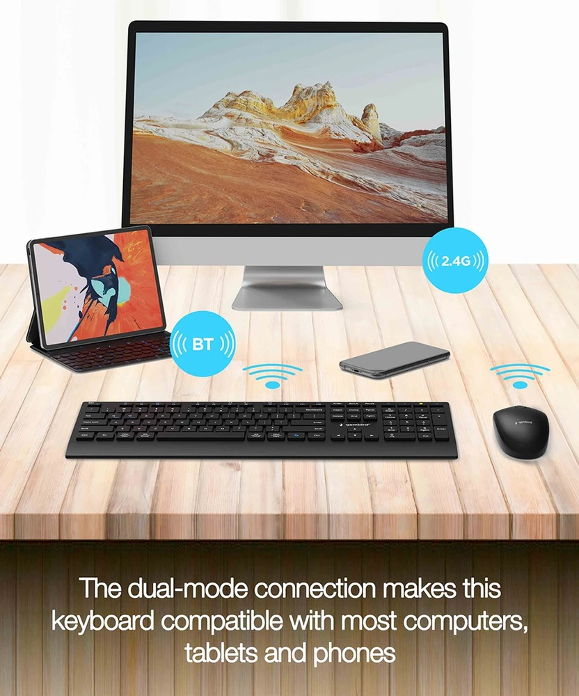 Klaviatūra Gembird KBS-WPS-02 Dual-mode slim wireless desktop set, 2.4G+BT, US išdėstymas