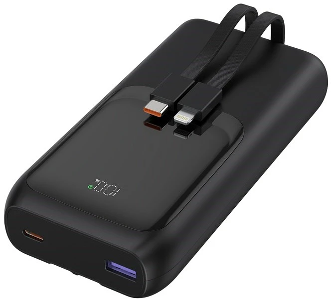 Gembird PB20-PD20-LCD-01 greito įkrovimo išorinė baterija su integruotais laidais, 20W, 20000 mAh, juodas