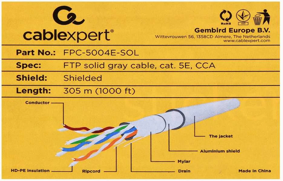 GEMBIRD FPC-5004E-SOL Gembird FTP tvirtas kabelis, kat. 5e, 0,51 mm CCA, 305m, pilka