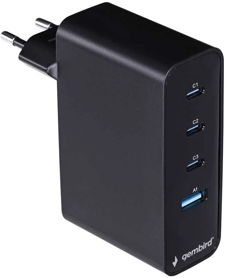 Gembird GaN 4x USB, 100W, LCD, juodas