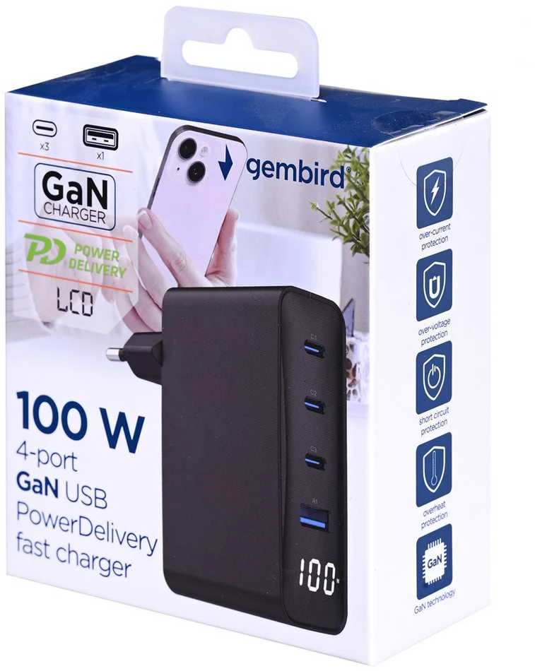 Gembird GaN 4x USB, 100W, LCD, juodas