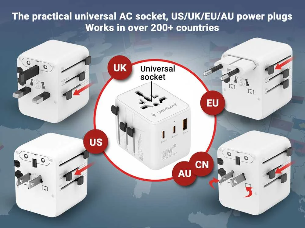 „Gembird“ universalus kelioninis maitinimo adapteris | TPA-1A2C20-01-W | 20 W | Kelionių adapteris