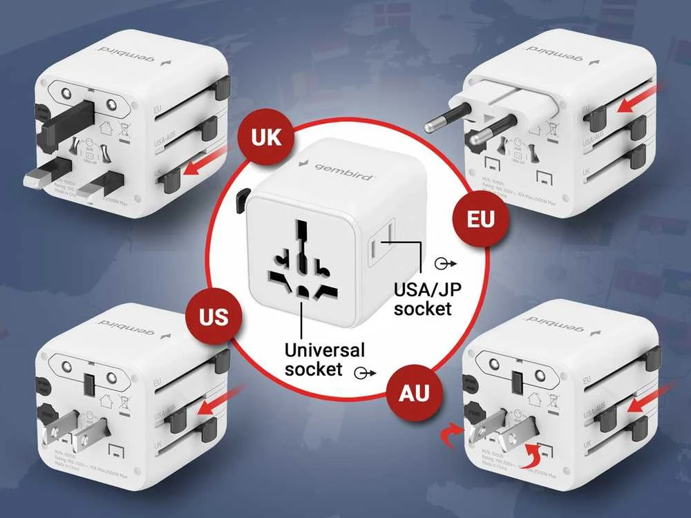 Gembird universalus adapteris: kištukų tipų schema