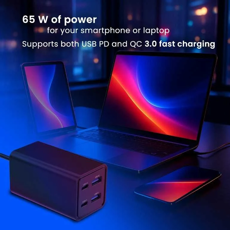 „Gembird“ USB PD USB C tipo, 4x USB, 65 W, GaN, juodas