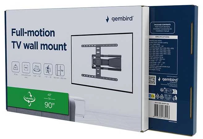Gembird WM-90ST-02 televizoriaus sieninis laikiklis su pilno judesio funkcija, 43”-90”, juodas