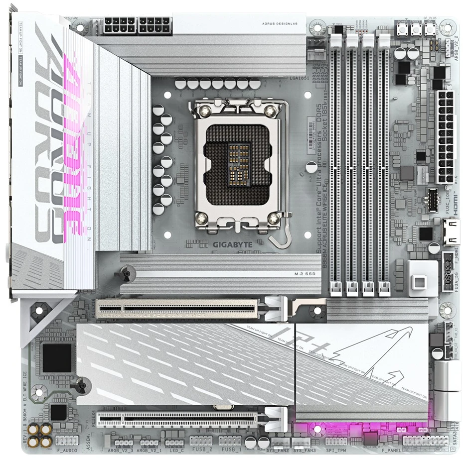 GIGABYTE B860M AORUS ELITE WF6E ICE pagrindinė plokštė – Intel Core Ultra serijos procesoriai, 12+1+2+1 fazių VRM, iki 9200MHz DDR5, 1xPCIe 5.0 + 2xPCIe 4.0 M.2, 2.5GbE 4E, USB