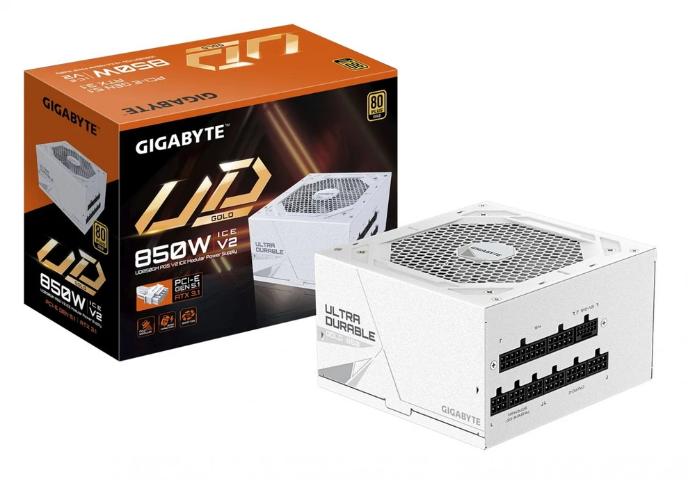 „GIGABYTE UD850GM PG5 V2 ICE“ maitinimo blokas – PCIe Gen 5.1, 80 PLUS Gold, pilnai modulinis dizainas, 120 mm ventiliatorius, suderinamas su ATX 3.1, ES kištukas