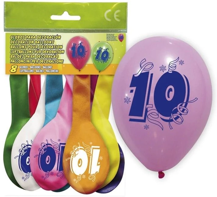 Globolandia Balionai su skaičiumi 10, įvairių spalvų, 8 vnt.
