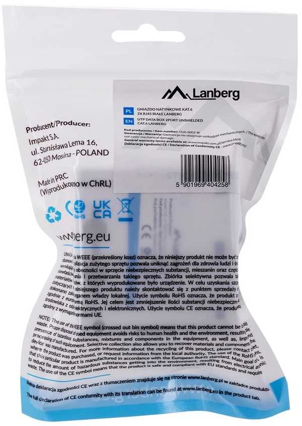 LANBERG OU6-0002-W UTP Data Box 2 prievadų RJ45 neekranuotas kat. 6