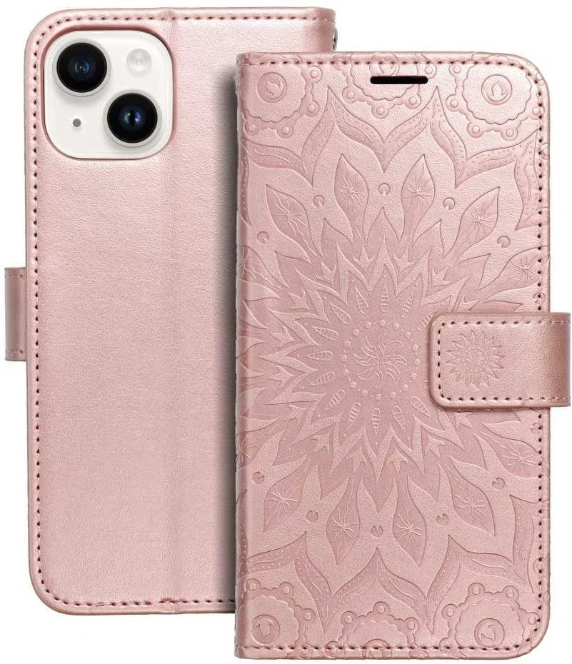 Forcell OEM atverčiamas dėklas iPhone 14 telefonui Mezzo Book mandala rožių auksinis