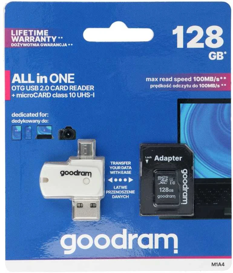 GOODRAM 128GB microSDXC 10 klasės UHS I + adapteris + skaitytuvas