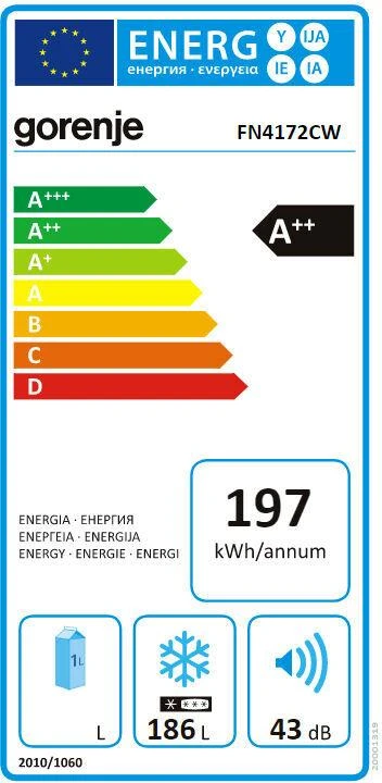 Gorenje | Šaldiklis | FN4172CW | Energijos vartojimo efektyvumo klasė E | Stačias | Laisvai stovintis | Aukštis 169,1 cm | Bendra grynoji talpa 194 L | No Frost sistema | Baltas