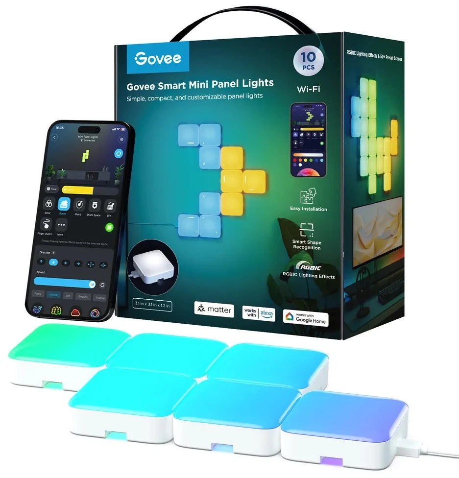 Lubinis šviestuvas Govee Mini Panel Lights (10 vnt.), RGBIC, Wi-Fi + Bluetooth LED panelės