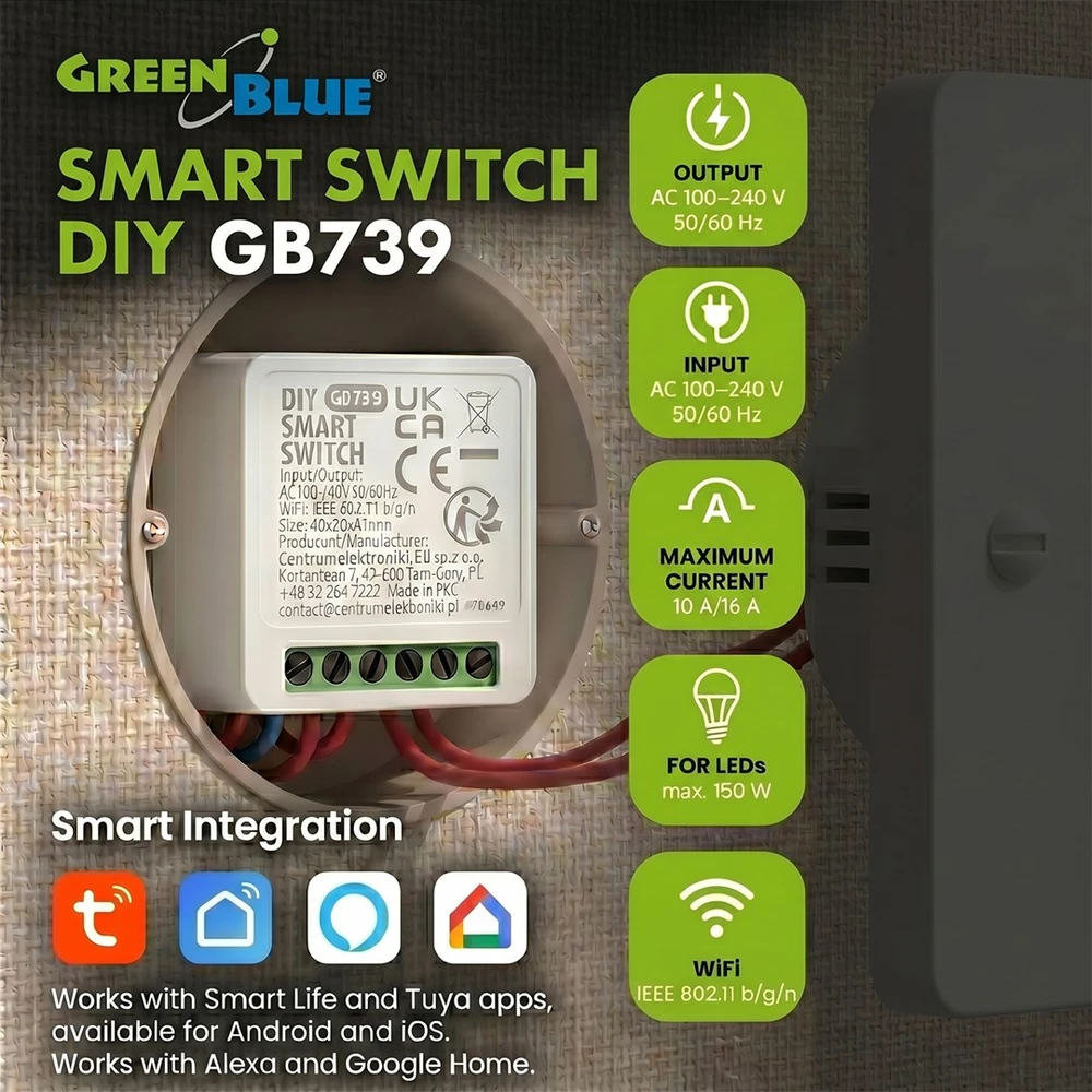 „GreenBlue“ įleidžiama „WiFi“ relė, skirta „Android“ / „iOS“ / „Alexa“ / „Google Home“, 100–240 V kintamoji srovė, 50/60 Hz, maks. 16 A, skirta 150 W šviesos diodams, GB739