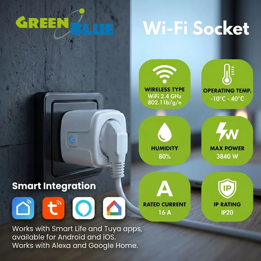 „GreenBlue“ nuotolinio valdymo „WiFi“ lizdas, „Android“ / „iOS“ / „Alexa“ / „Google Home“, laikmatis, vatmetras, maks. 16 A / 3840 W, GB735 W