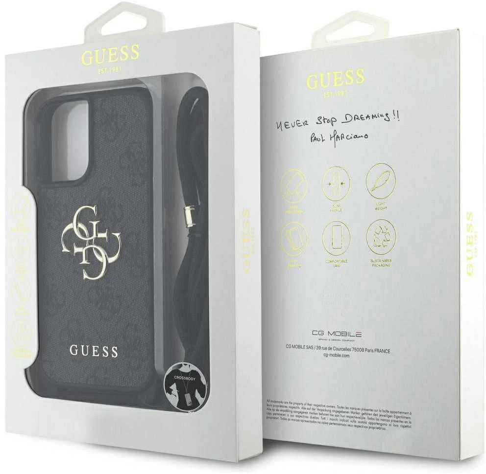 Dėklas Guess 4G Big Logo Cord Stap Crossbody Apple iPhone 16 Plus juodos spalvos