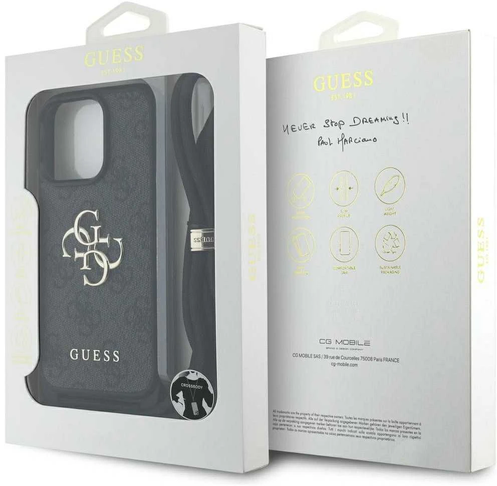 Dėklas Guess 4G Big Logo Cord Stap Crossbody Apple iPhone 16 Pro Max juodos spalvos