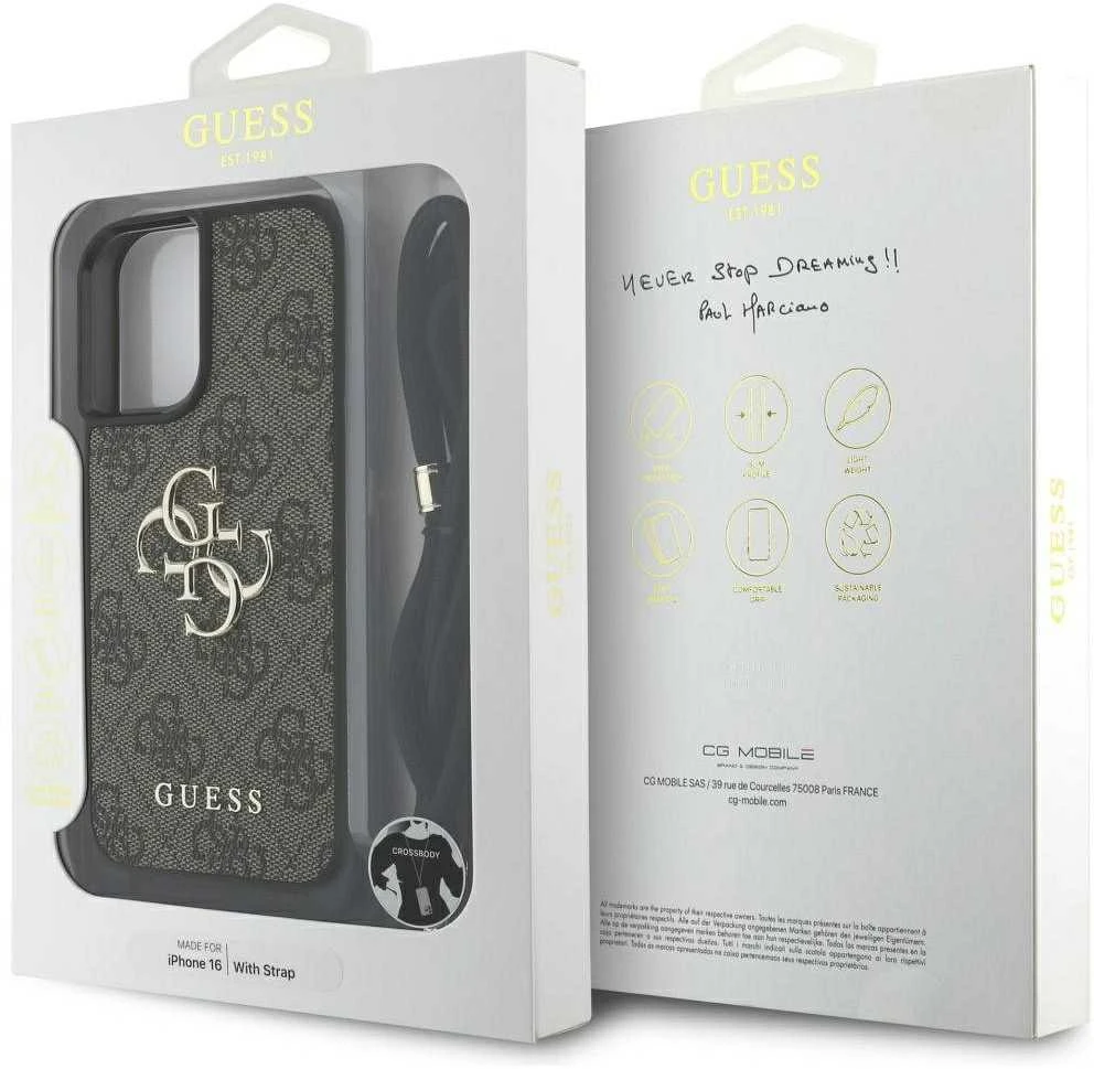 GUESS dėklas skirtas Apple iPhone 16 GUHCP16SP4GMGCRW (CBDY PU 4G Big Logo W/Cord Strap) rudos spalvos