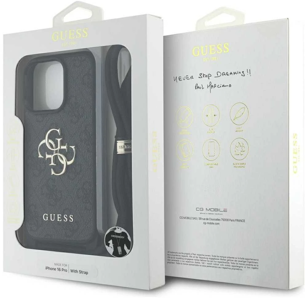 Dėklas Guess 4G Big Logo Cord Stap Crossbody Apple iPhone 16 Pro juodos spalvos
