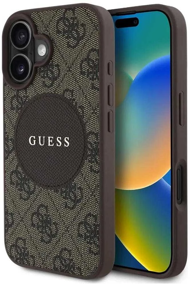 Guess 4G Circle Classic Logo MagSafe dėklas iPhone 16 - ruda