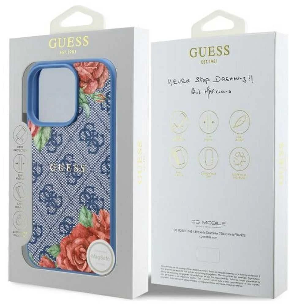 Guess GUHMP16LP4ROPEMCB Apple iPhone 16 Pro 6.3″ mėlynas kietas dėklas 4G Flowers Print MagSafe
