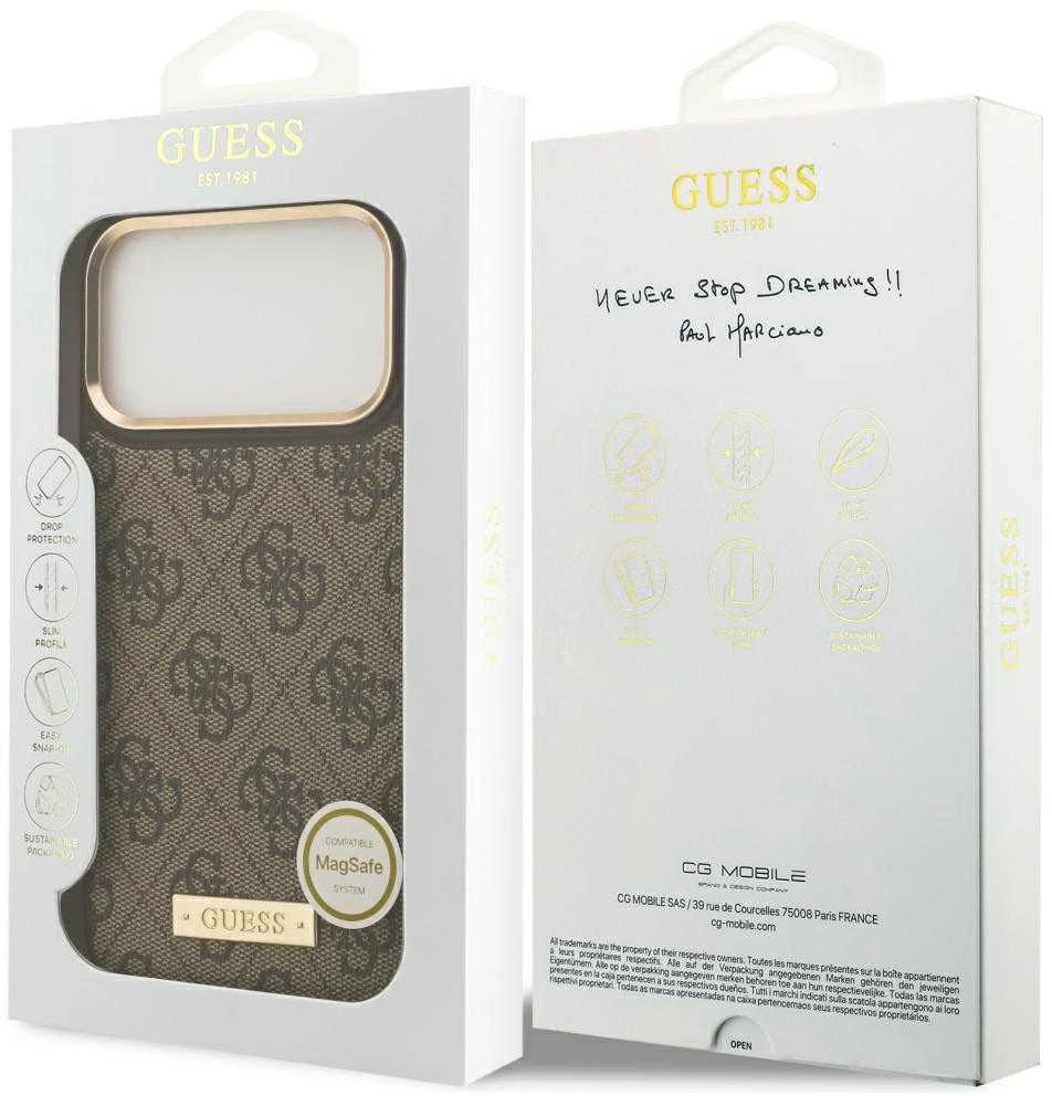 Guess 4G Logo Plate MagSafe dėklas Apple iPhone 17 Pro Max rudos spalvos