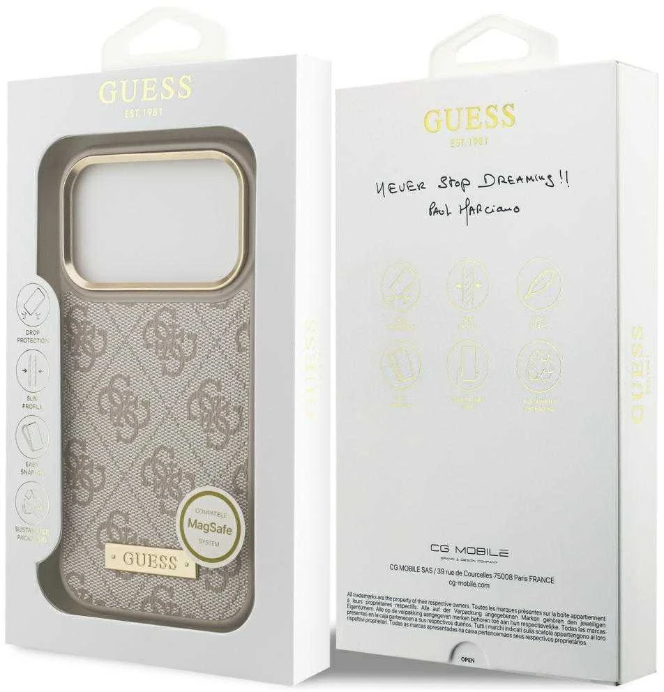Guess 4G Logo Plate MagSafe dėklas Apple iPhone 17 Pro rožinės spalvos