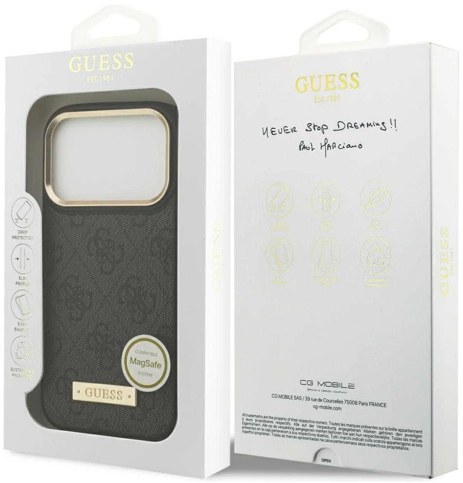 Guess 4G Logo Plate MagSafe dėklas Apple iPhone 17 Pro juodos spalvos
