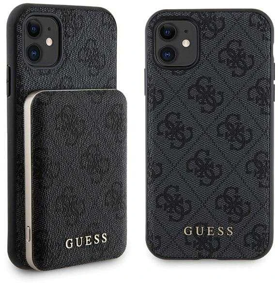 Dėklas „Guess GUBPM5N614GEMGK“ rinkinys, skirtas Apple iPhone 11 6.1“ kietam dėklui ir išorinei baterijai, 5000mAh, „MagSafe“ juodos spalvos 4G, metalinis, su rankena.