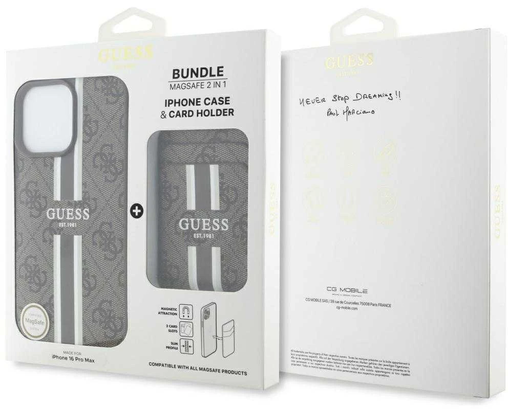 Guess 4G Stripes su portfelem Magsafe Apple iPhone 16 Pro Max dėklas telefonui rudos spalvos