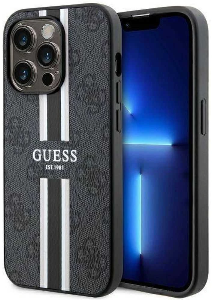 Guess telefono dėklas iPhone 14 Pro Max 6,7 GUHMP14XP4RPSK juodas hard telefono dėklas 4G Printed Stripes MagSafe