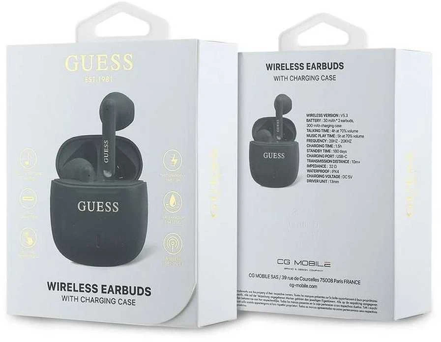 Guess Bluetooth ausinės GUTWSJ14ESGK TWS + docking station juodos spalvos Printed Classic Logo