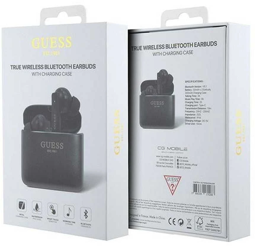 Guess Bluetooth ausinės GUTWSSU20ALEGK TWS + docking station juodos spalvos Printed Logo