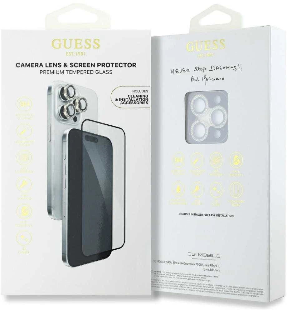 2 viename rinkinys Guess BP Rhinestone ekrano ir kameros objektyvo stiklinis sijonas Apple iPhone 16 Pro Max auksinis