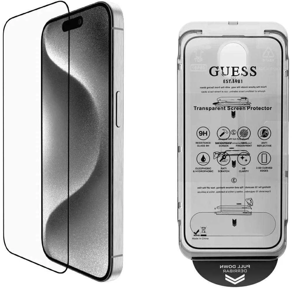 Komplektas 2 viename Guess BP Rhinestone ekrano ir kameros objektyvo stiklinis sijonas Apple iPhone 16 Pro Max sidabrinis