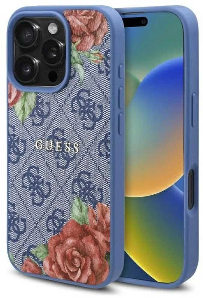 Guess GUHMP16LP4ROPEMCB Apple iPhone 16 Pro 6.3″ mėlynas kietas dėklas 4G Flowers Print MagSafe