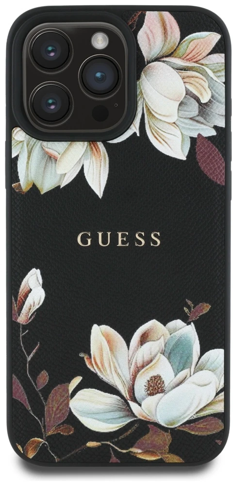 Guess Grained Printed Flower Pattern MagSafe - dėklas skirtas Apple iPhone 16 Pro juodas