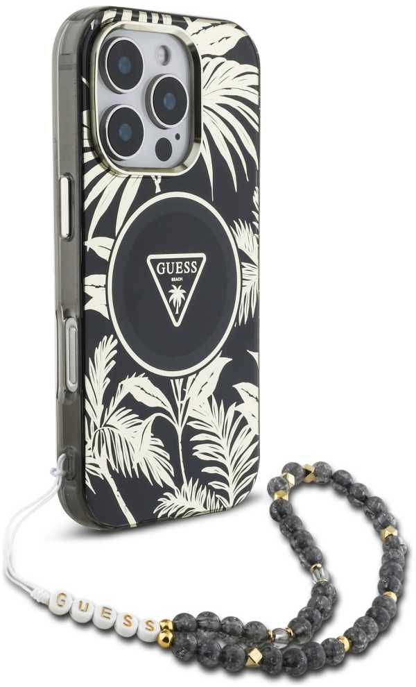 Guess Palm Trees Triangle Pearl Strap MagSafe - dėklas skirtas Apple iPhone 16 Pro juodas