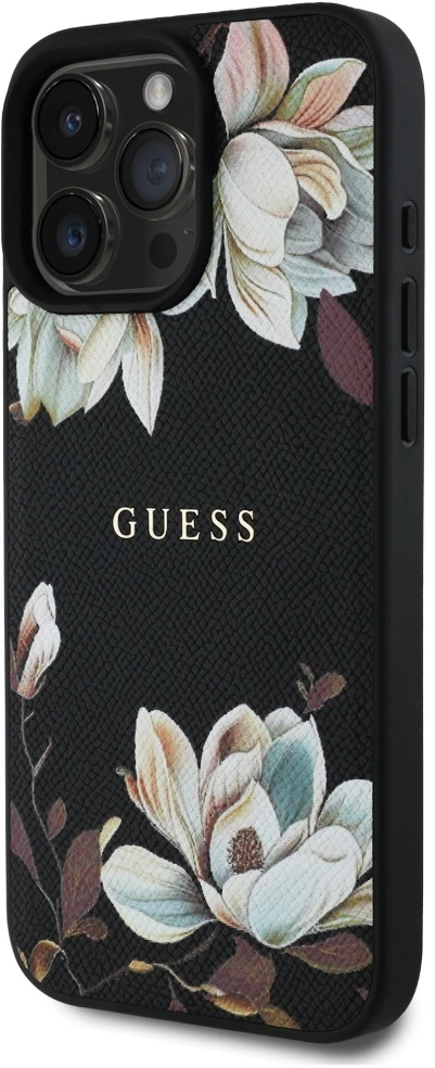 Guess Grained Printed Flower Pattern MagSafe - dėklas skirtas Apple iPhone 16 Pro juodas