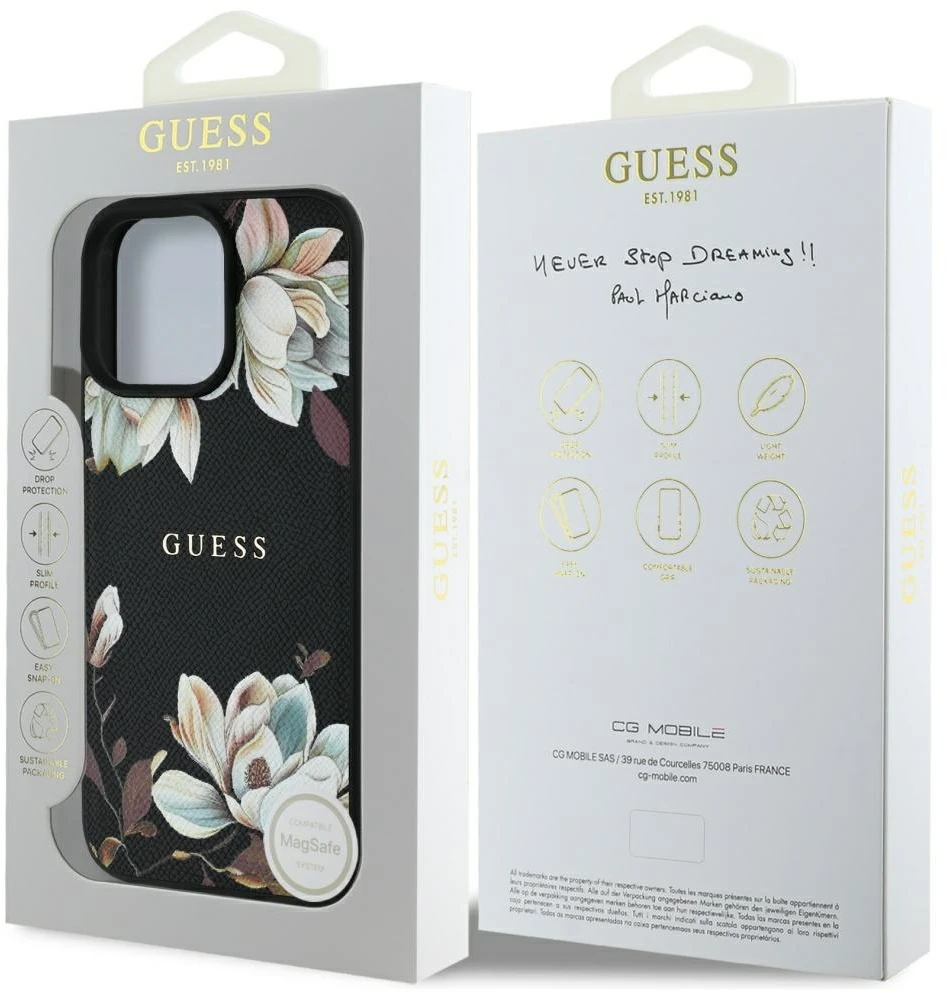 Guess Grained Printed Flower Pattern MagSafe - dėklas skirtas Apple iPhone 16 Pro juodas