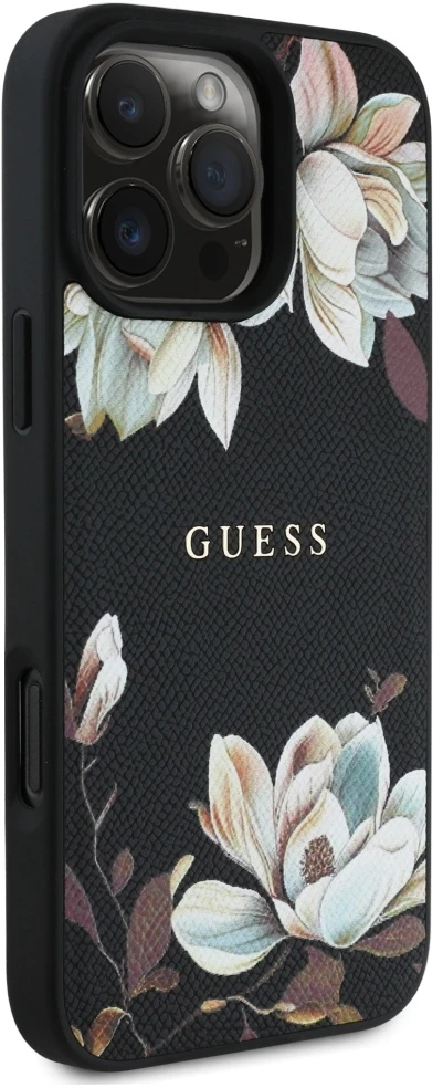 Guess Grained Printed Flower Pattern MagSafe - dėklas skirtas Apple iPhone 16 Pro juodas